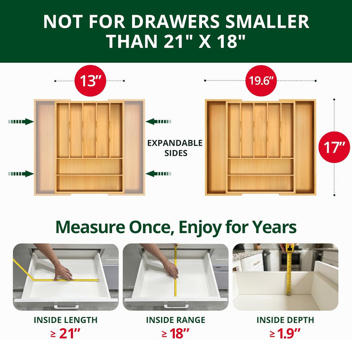 Luxury Bamboo Kitchen Drawer Organizer - Silverware Organizer, Utensil Holder & Cutlery Tray Drawer Dividers for Flatwar