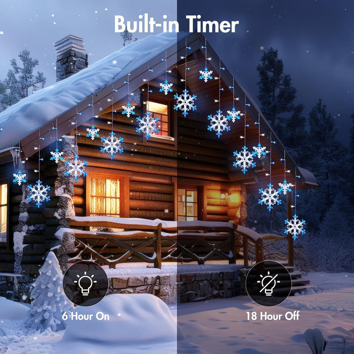 Christmas Snowflake Lights - 13ft 192LED Snowflake Icicle Lights with 16 Drops, 12 Modes and Timer, IP65 Waterproof Connectable Christmas Light for House Eave Window Indoor Outdoor Decoration