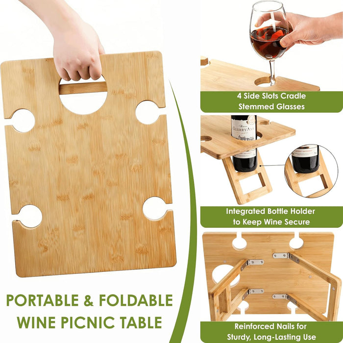 Portable Wine Picnic Table with 5 Wine Glasses Holder, Foldable Champagne Picnic Snack Table, Wine and Cheese Table for Picnic, Camping, Park, Beach, Wine Lover Gift
