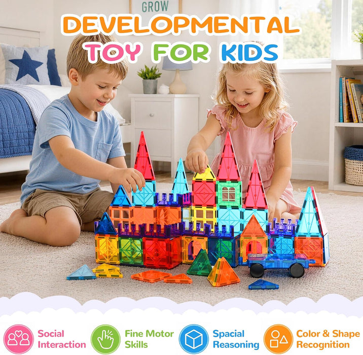 100 Pcs Magnetic Tiles, Magnet 3D Building Blocks Set with 2 Cars