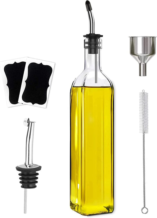 Olive Oil Dispenser Bottle, 2 Pcs Glass Olive Oil Dispenser and Vinegar Dispenser Set with 2 Stainless Steel Pourers, 4 Labels,1 Brush and 1 Funnel Oil Bottles for Kitchen (500Ml)