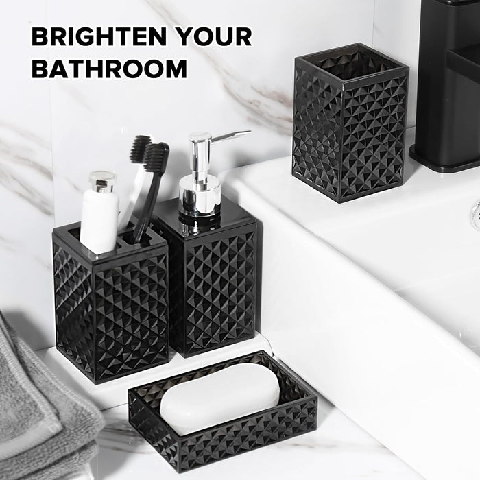 Black Bathroom Accessories Set, 4 Pack Matte Black Bath Accessory Sets Complete, Acrylic Soap Dispenser and Toothbrush Holder Set for Bathroom Counter Sink, Modern Bathroom Decor