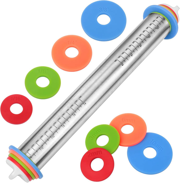 Adjustable Rolling Pin with Thickness Rings for Baking, Stainless Steel Designs Dough Roller Pins for Cookie Decorating 