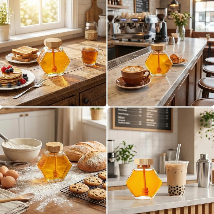 1PC 380ml Clear Glass Refillable Hexagon Shape Honey Pot Jar with Wooden Dipper Sticks and Lid Syrup Dispenser Container Empty Bottle Food Storage for Home Kitchen