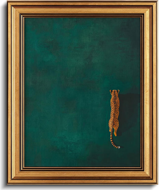 Gold Framed 3D Textured Wall Art, Vintage Green Cheetah Canvas Prints, Minimalist Emerald Green Leopard Pictures Decor, 