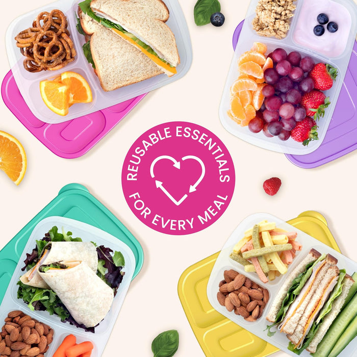 Easyboxes - Original Stackable Lunch Boxes - Reusable 3-Compartment Food Containers for Kids and Adults - Bento Lunch Box for Meal Prep, School, & Work - BPA Free, Set of 4 (Brights)