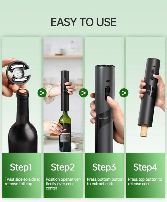 Electric Wine Opener Rechargeable, 7-in-1 Automatic Wine Bottle Opener Gift Set with Electric Vacuum Pump, Foil Cutter, Aerator Pourer, 2 Stoppers & Charging Base, Black