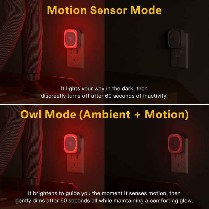 2 Pack Plug in Red Night Light with Motion Sensor and Light Sensor