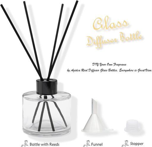 4PCS Fragrance Glass Diffuser Bottles, Refillable Diffuser Bottles with 20pcs Reeds Sticks & Black Caps & Funnel, Diffuser Jars for Home Oil Fragrance Decoration Girl Women Gift (100ML)