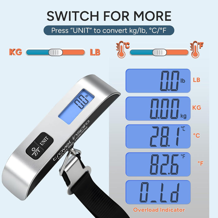 Digital Luggage Scale – Portable Hanging Suitcase Weight Scale for Travel, 110 lb Capacity, Backlit LCD Display, Prevents Airport Overweight Fees, Battery Included
