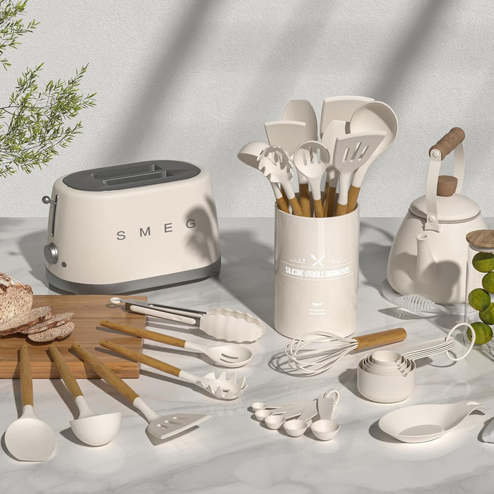 Kitchen Cooking Utensils Set, 33 pcs Non-Stick Silicone Cooking Kitchen Utensils Spatula Set with Holder, Wooden Handle 
