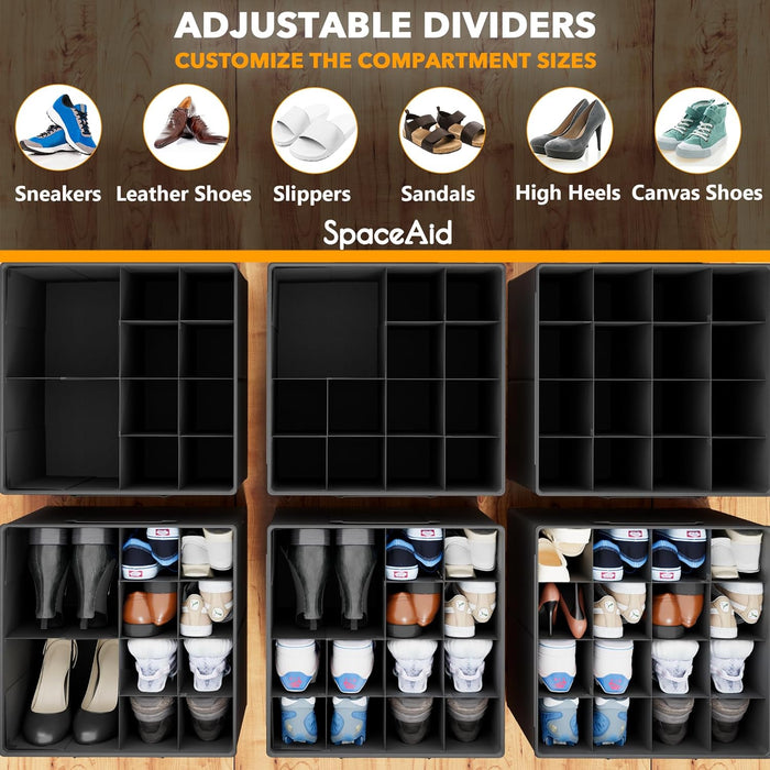Shoe Organizer for Closet, 2 Pack Foldable Shoe Storage Containers Baskets Boxes Bins w/Adjustable Dividers, Fits 16-32 Pairs, Black