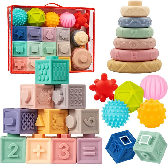 Baby Toys 6-12 Months, Montessori Toy for Babies 6-12 Months, Incl Stacking Building Blocks & Soft Infant Teething Toys & Sensory Balls for Toddlers 0-3-6-9-12 Month