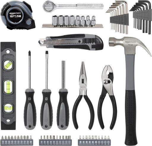 65 Piece Home Repair Tool Kit Set With Carrying Bag, Hand Tools, Socket Set, SAE and Metric, Silver, Black