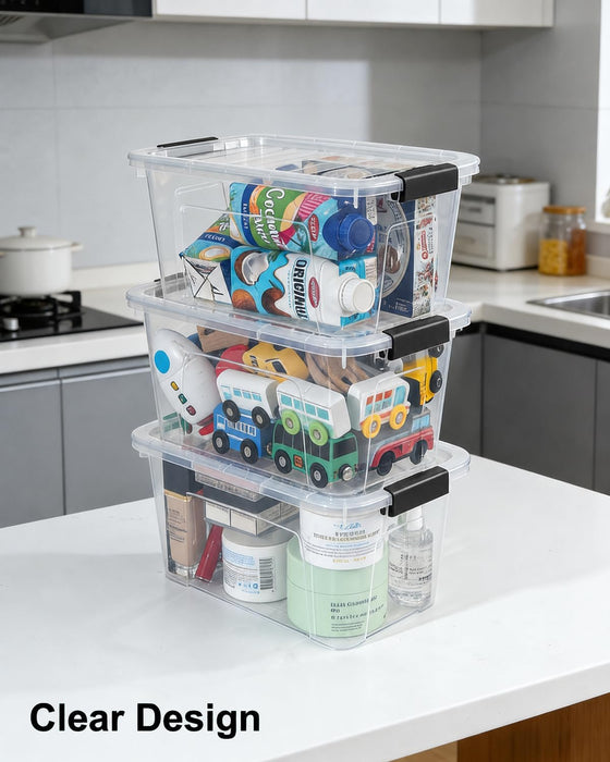 Plastic Storage Bins with Lids 6 Pack, 6.7 Quart Storage Containers With Black Buckle Latch, Stackable Storage Organizer