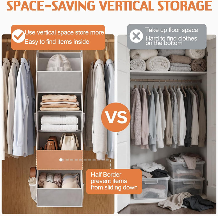 Hanging Closet Organizer 5 Shelf with 4 Side Mesh Pockets, Foldable Closet Organizers and Storage Hanging for Wardrobe, Closet Rod & RV Camping, Front Anti-Slip Support, Grey