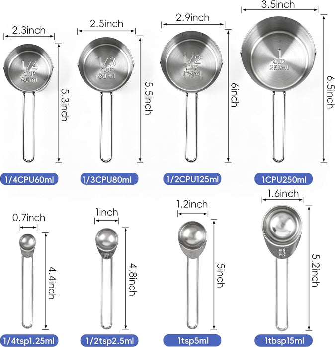 Measuring Cups and Spoons Set 8PCS Silver Stainless Steel