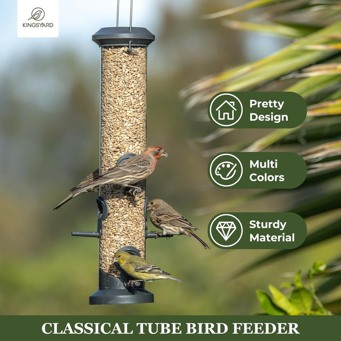 2 Pack Tube Feeders with 6 Feeding Ports for Outdoors Hanging, Premium Hard Plastic Weatherproof & Steel Hanger, Attract