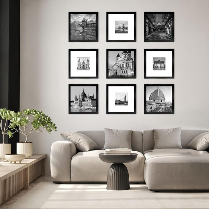 12x12 Picture Frame Set of 9, Display Pictures 8x8 with Mat or 12x12 without Mat, Multi Collage Gallery Square Photo Fra
