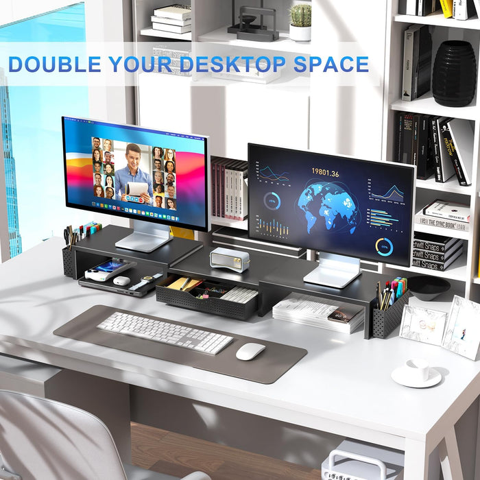 Dual Monitor Stand Riser With Drawer and 2 Pen Holders