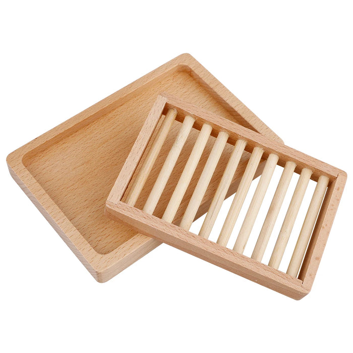 Soap Dish Two Tier Soap Holder Wooden Soap Storage Tray Bathroom Accessories 14*10*2.5Cm