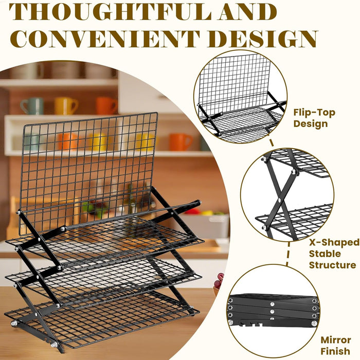 𝟐𝟒% 𝐎𝐅𝐅 4 Tier Collapsible Cooling Rack - Adjustable Black Stainless Steel Baking Rack with Mesh Leak Proof, Foldab