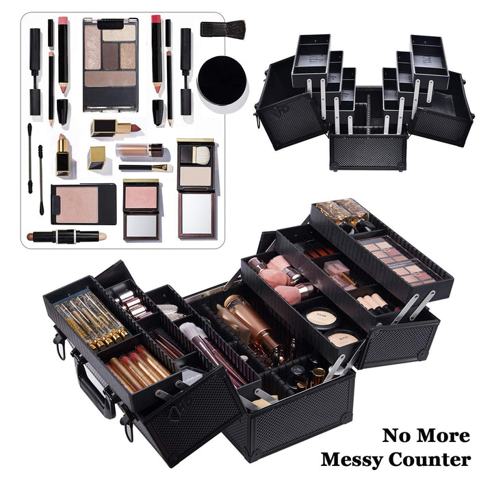 Makeup Train Case Professional Adjustable - 6 Trays Cosmetic Cases Makeup Storage Organizer Box with Lock and Compartmen