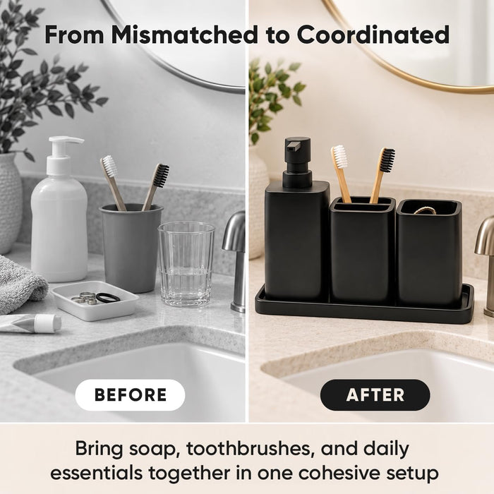 Matte Black Bathroom Accessories Set, 4-Piece Bathroom Accessory Set with Soap Dispenser, Toothbrush Holder, Tumbler and Vanity Tray, Polyresin Countertop Organizer