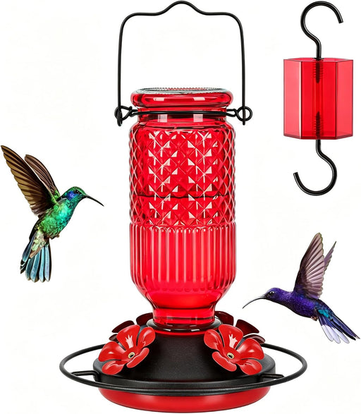 Glass Hummingbird Feeder for Outdoors Hanging, 16 OZ Humming Birds Feeders with 4 Bee Guard Feeding Ports & Built-in Ant Moat, Bird Feeder for Outside, Gifts for Women Mom, Red