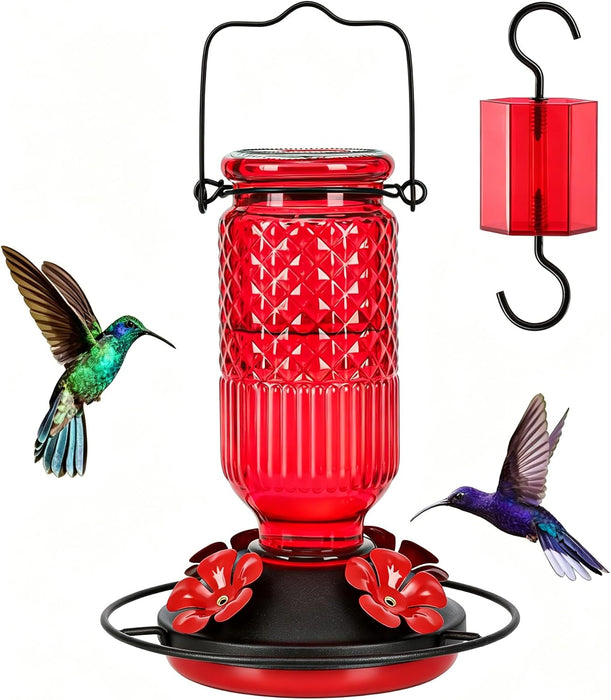 Glass Hummingbird Feeder for Outdoors Hanging, 16 OZ Humming Birds Feeders with 4 Bee Guard Feeding Ports & Built-in Ant Moat, Bird Feeder for Outside, Gifts for Women Mom, Red