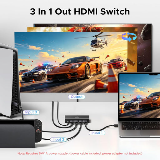 8K@60Hz HDMI 2.1 Switch 3 in 1 Out, with Remote, VRR, 4K@240Hz