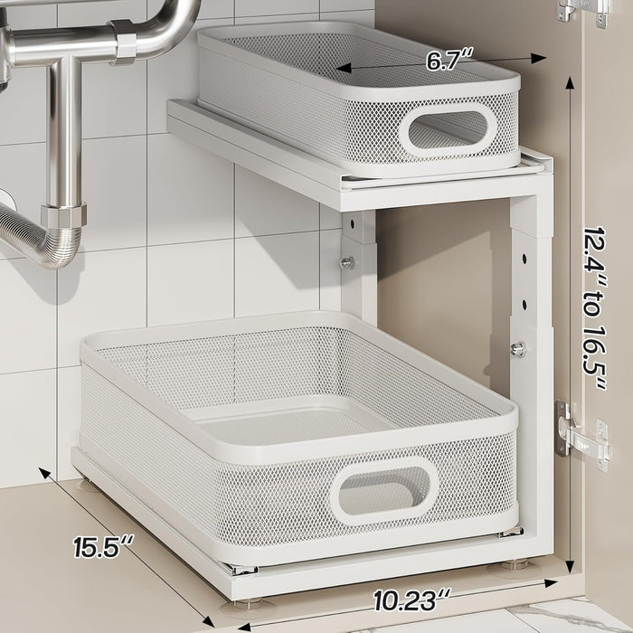 2 Pack Under Sink Organizer With Next-Gen Ball-Bearing Slides,2-Tier Precision Mesh Pull Out Cabinet Drawers Storage for