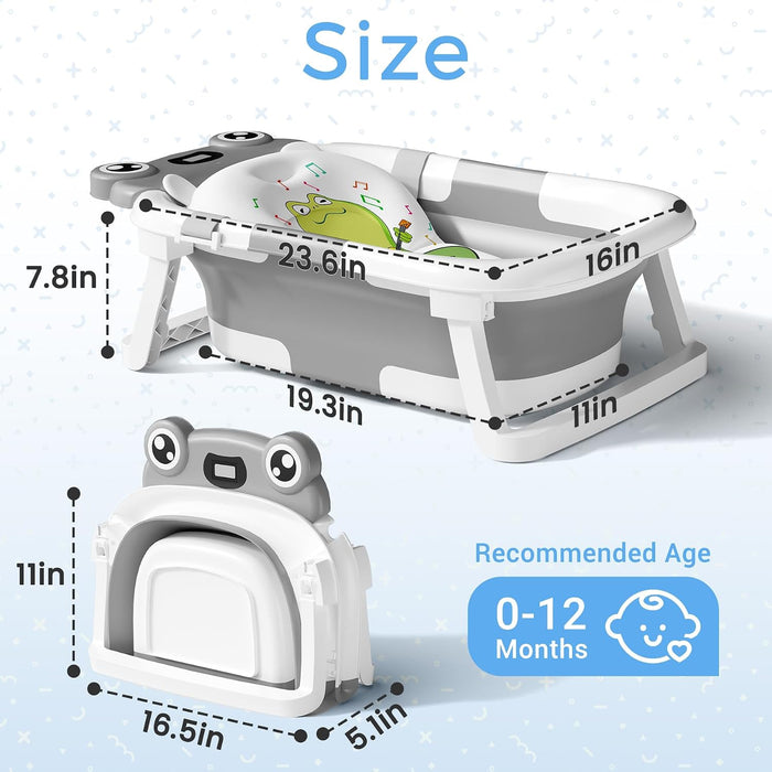 Baby Bathtub, Collapsible Newborn Bathtub for Infant to Toddler with Soft Cushion and Thermometer,Portable Travel Newborn Tub with No-Slip Feet, Baby Shower Gifts, 0-12 Months Baby Bath, Grey