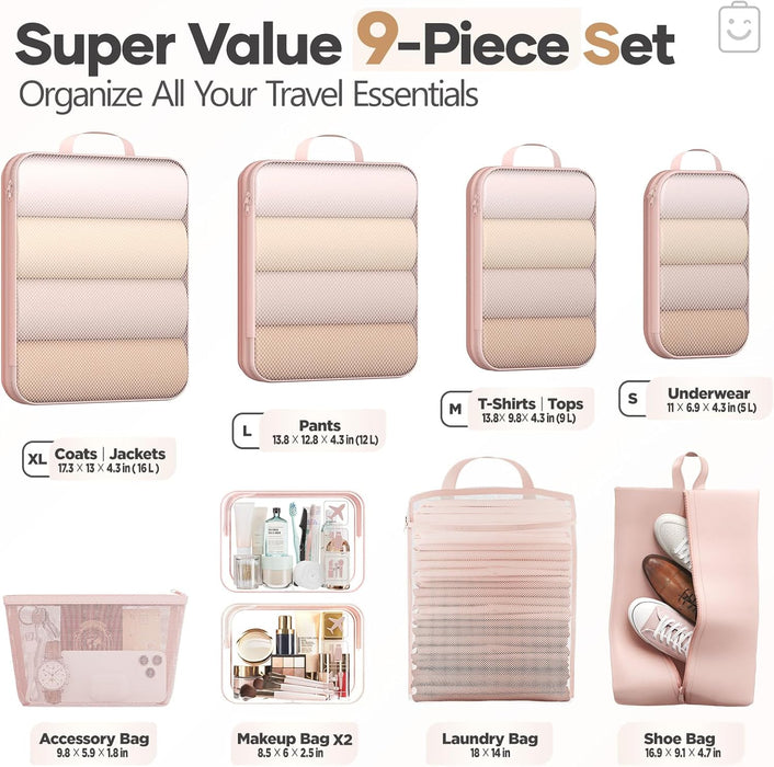 9/11 Set Compression Packing Cubes for Cruise Travel Essentials,Compressible Expandable Luggage Suitcase Organizer Bags 