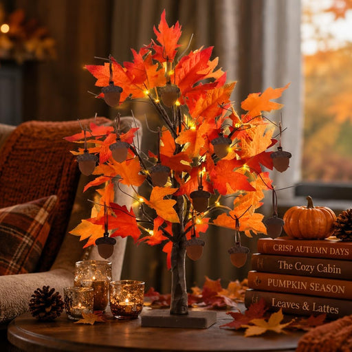 Fall Decorations for Home, Thanksgiving Decorations, 24”/2FT Lighted Fall Maple Leaves Tree with 24 LEDs for Autumn Decor, 12 Wood Acorns Ornaments Battery Powered Timer for Table Indoor
