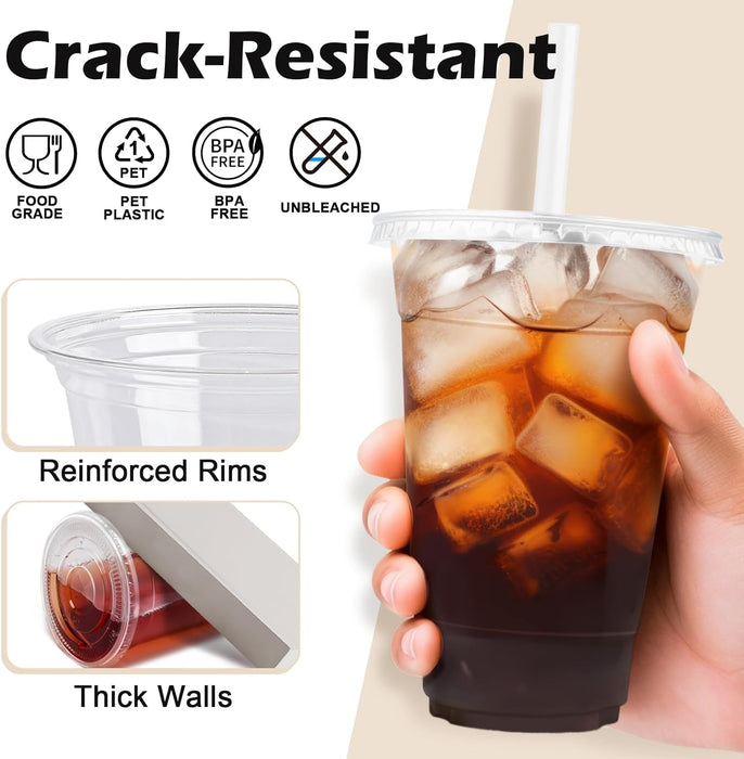100 Pack 16 oz Clear Plastic Cups with Lids and Straws