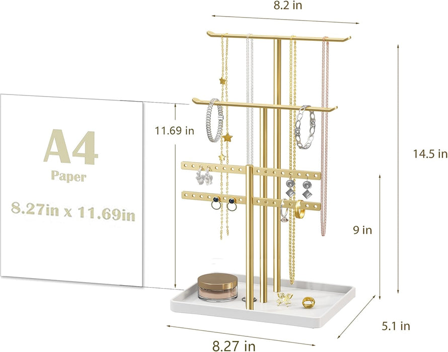 Jewelry Stand Holder Organizer: 14.5" Sturdy Hanger for 80 Pcs Jewelry, Gift for Women, Gold Jewlery Tower for Necklace,