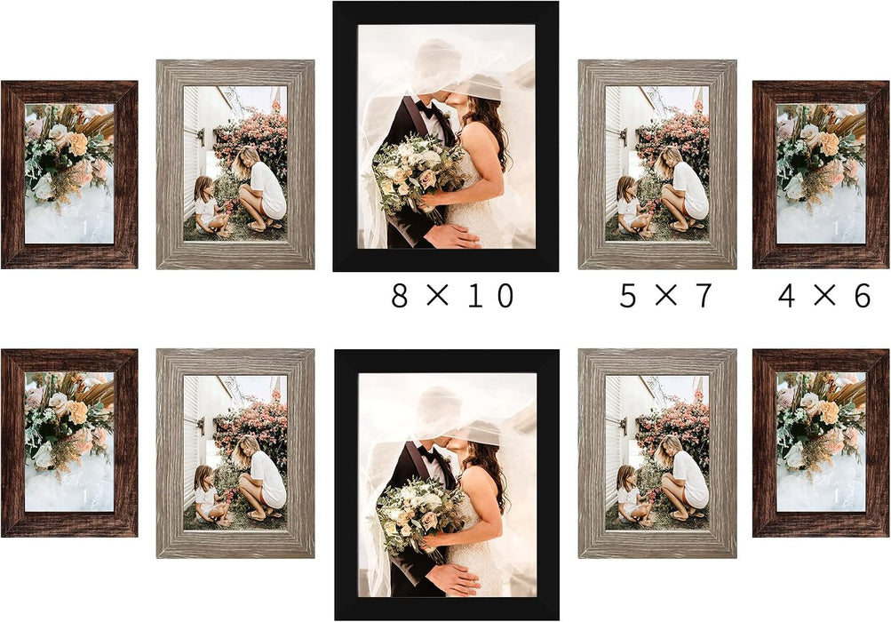 Picture Frames Collage Wall Decor 10-Pack, Gallery Wall Frame Set with 8x10 5x7 4x6 Frames in 3 Different Finishes