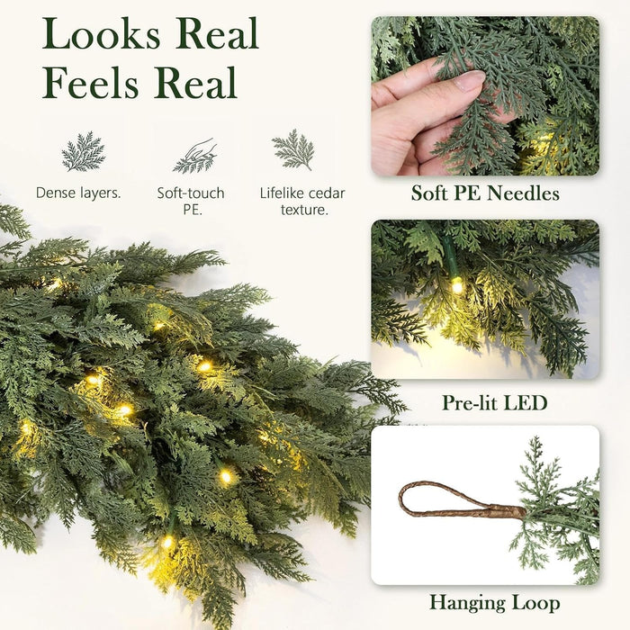 Pre-Lit Christmas Garland 9FT Decorations Real Touch Cedar Cypress Pine Greenery Artificial Green Christmas Garland with