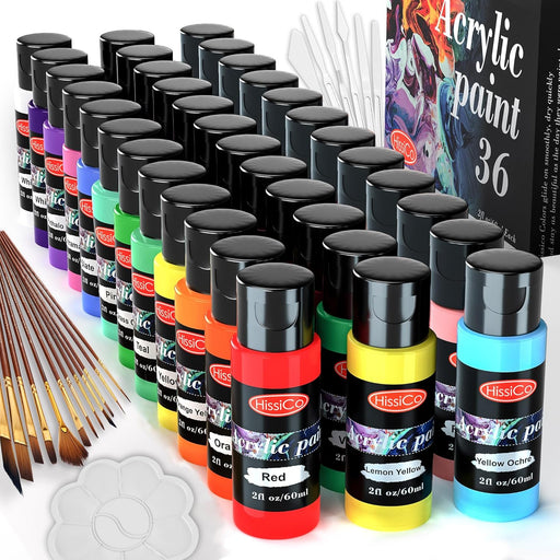 55PCS Acrylic Paint Set of 36 Colors 2fl oz 60ml Bottles 12 Brushes,Non Toxic 36 Colors Acrylic Paint No Fading Rich Pig