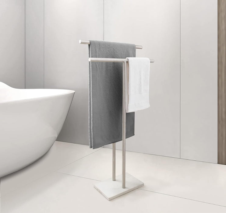 40 Inch Standing Towel Rack Double-T Shape Tall Bath Towel Sheet Holder with Marble Design Base for Bathroom Floor Next 