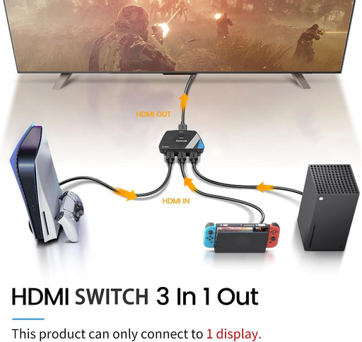 HDMI Switch 3 in 1 Out, 4K@60Hz HDMI Switcher with 2.6FT HDMI Cable