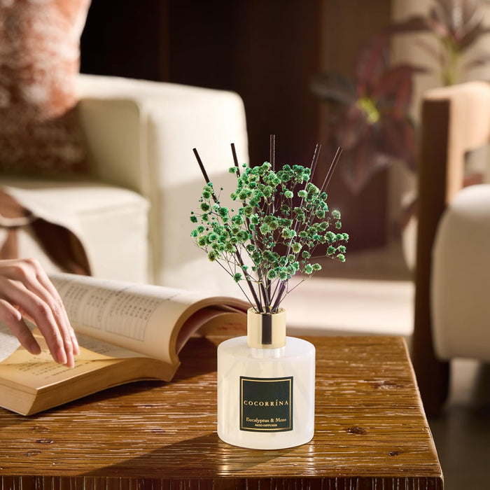 Reed Diffuser Sets- Eucalyptus & Moss Scented Diffuser with Sticks Home Fragrance Reed Diffuser for Bathroom Shelf Decor