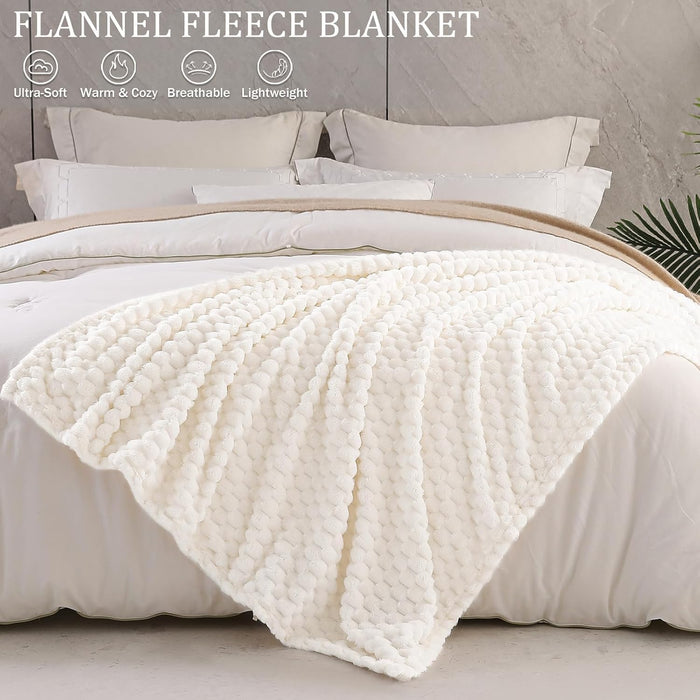 Large 3D Fleece Throw Blanket for Couch, Ivory