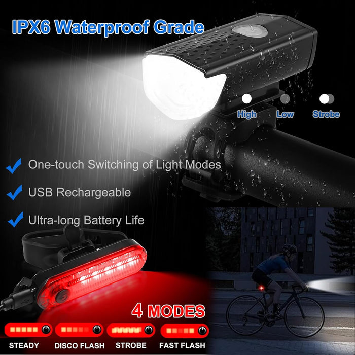 8 Pack Bicycle Accessories, Bike Light Set USB Rechargeable, 1 Bike Water Bottle Holder, Bicycle Bag and 1 Bike Aluminum