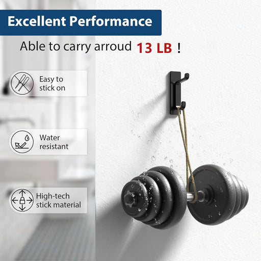 13LB Strong Stick-on Hooks for Coat & Towel, Black 4 Pack