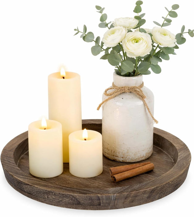 Round Wooden Candle Holder Trays for Coffee Table, Distressed Finish