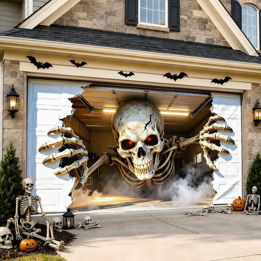 Halloween Garage Door Cover 16x7 FT, Realistic Garage Scene Design
