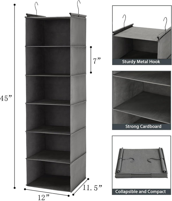 6 Tier Hanging Closet Organizer with 2 Sturdy Hooks, Grey