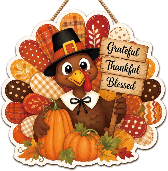 Thanksgiving Decorations - Turkey Pumpkin Wooden Sign for Front Door